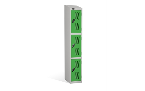 3 Door - Full height steel locker - SLOPING TOP - PERFORATED DOORS - Silver Grey Body / Green Doors - H1930x W305 x D305 mm - CAM Lock