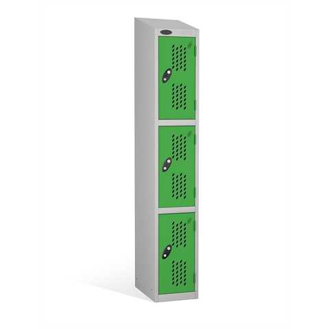 3 Door - Full height steel locker - SLOPING TOP - PERFORATED DOORS - Silver Grey Body / Green Doors - H1930x W305 x D305 mm - CAM Lock