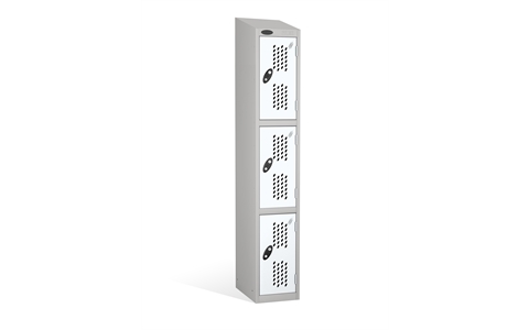 3 Door - Full height steel locker - SLOPING TOP - PERFORATED DOORS - Silver Grey Body / White Doors - H1930 x W305 x D305 mm - CAM Lock