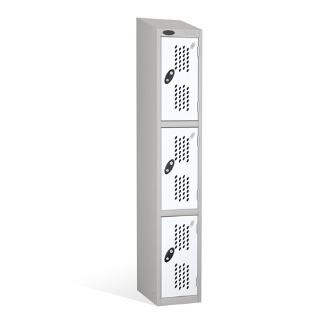 3 Door - Full height steel locker - SLOPING TOP - PERFORATED DOORS - Silver Grey Body / White Doors - H1930 x W305 x D305 mm - CAM Lock