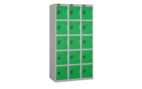 5 Door - Full height steel locker - FLAT TOP - Silver Grey Body / Green Doors - H1780 x W305 x D305 mm - CAM Lock - Nest of 3
