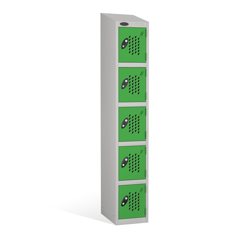 5 Door - Full height steel locker - SLOPING TOP - PERFORATED DOORS - Silver Grey Body / Green Doors - H1930x W305 x D305 mm - CAM Lock