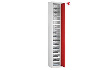1 Door - 15 Shelf Tablet Charging locker - FLAT TOP - White Body / Red Doors - H1780 x W305 x D370 mm - CAM Lock