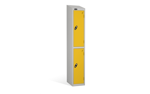 2 Door - Full height steel locker - SLOPING TOP - Silver Grey Body / Yellow Doors - H1930 x W305 x D460 mm - CAM Lock
