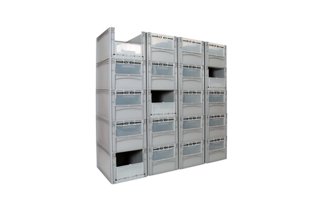 Open End Picking Container Wall with Doors - Overall Size H1560mm x W1600mm x D600mm - For D600 x W400 x H320mm Picking Containers x 20
