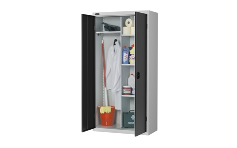 Janitors cupboard - C/W 4 No. half width shelves plus half width hanging rail - Silver Grey Body/Black Doors - H1780mm x W915mm x D460mm