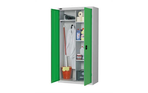 Janitors cupboard - C/W 4 No. half width shelves plus half width hanging rail - Silver Grey Body/Green Doors - H1780mm x W915mm x D460mm