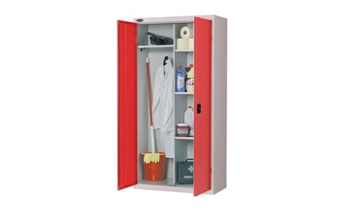 Janitors cupboard - C/W 4 No. half width shelves plus half width hanging rail - Silver Grey Body/Red Doors - H1780mm x W915mm x D460mm