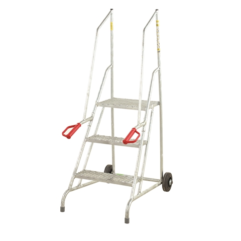 Wheel Along Steps with Dock Platform - 3 Tread  - Galvanised finish with expanded steel mesh treads - 750mm Platform Height -  Overall Size H1460mm x W510mm x D857mm - Weight: 18kg - Blue