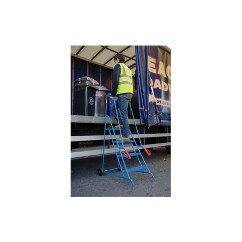 Wheel Along Steps with Dock Platform - 4 Tread  - Powder Coated finish with expanded steel mesh treads - 1000mm Platform Height -  Overall Size H1700mm x W540mm x D1200mm - Weight: 20kg - Blue