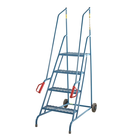 Wheel Along Steps with Dock Platform - 4 Tread  - Powder Coated finish with expanded steel mesh treads - 1000mm Platform Height -  Overall Size H1700mm x W540mm x D1200mm - Weight: 20kg - Blue