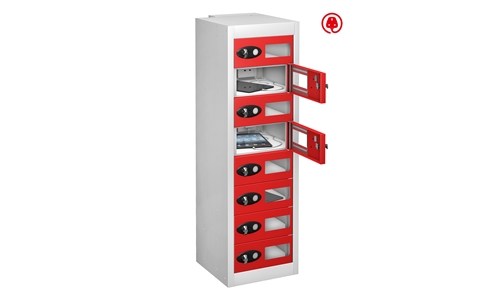 8 Vision Panel Door - Tablet USB Charging low locker - FLAT TOP - White Body / Red Doors - H1000 x W305 x D370 mm - CAM Lock