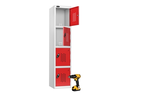 4 Door - RECHARGE 4 Charge and Store steel locker - FLAT TOP - Silver Grey Body / Red Doors - H1780 x W380 x D460 mm - CAM Lock