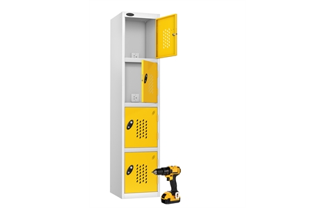 4 Door - RECHARGE 4 Charge and Store steel locker - FLAT TOP - Silver Grey Body / Yellow Doors - H1780 x W380 x D460 mm - CAM Lock