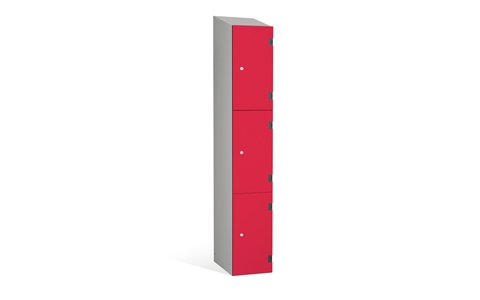 3 Door - Overlay Solid Grade Laminate door locker -  SLOPING TOP - Silver Grey Body / Red Dynasty Doors - H1930 x W305 x D390 mm - CAM Lock