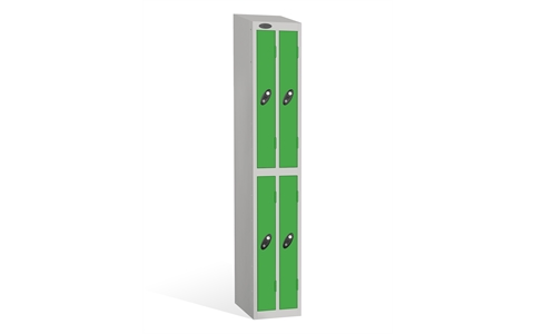 2 Door - Ultra Slim Twin steel locker - SLOPING TOP - Silver Grey Body / Green Door - H1930 x W305 x D460 mm - CAM Lock