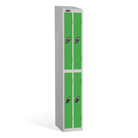 2 Door - Ultra Slim Twin steel locker - SLOPING TOP - Silver Grey Body / Green Door - H1930 x W305 x D460 mm - CAM Lock