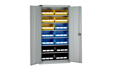 Full Height Steel Cabinet with Blue/Yellow/Black Linbins - H1780mm x W915mm x D460mm - Grey Doors -  with 14 x size 8 Linbins