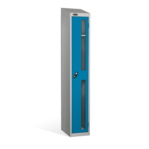 1 Door - Vision Panel door steel locker - SLOPING TOP - Silver Grey Body / Blue Doors - H1930 x W305 x D305 mm - CAM Lock