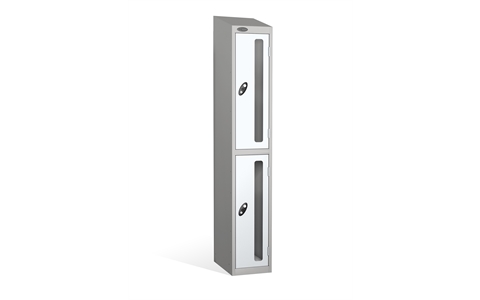 2 Door - Vision Panel door steel locker - SLOPING TOP - Silver Grey Body / White Doors - H1930 x W305 x D305 mm - CAM Lock