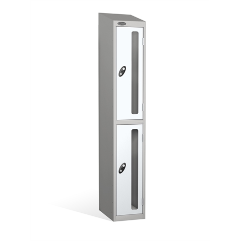 2 Door - Vision Panel door steel locker - SLOPING TOP - Silver Grey Body / White Doors - H1930 x W305 x D305 mm - CAM Lock
