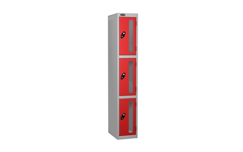 3 Door - Vision Panel door steel locker - FLAT TOP - Silver Grey Body / Red Doors - H1780 x W305 x D305 mm - CAM Lock