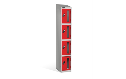 4 Door - Vision Panel door steel locker - SLOPING TOP - Silver Grey Body / Red Doors - H1930 x W305 x D305 mm - CAM Lock