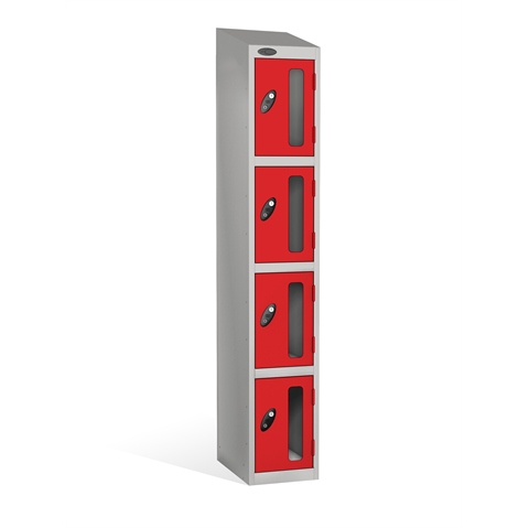 4 Door - Vision Panel door steel locker - SLOPING TOP - Silver Grey Body / Red Doors - H1930 x W305 x D305 mm - CAM Lock