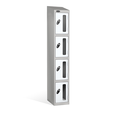 4 Door - Vision Panel door steel locker - SLOPING TOP - Silver Grey Body / White Doors - H1930 x W305 x D305 mm - CAM Lock