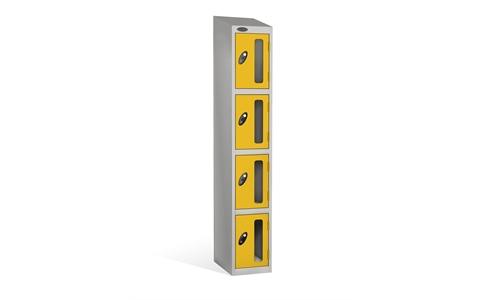 4 Door - Vision Panel door steel locker - SLOPING TOP - Silver Grey Body / Yellow Doors - H1930 x W305 x D305 mm - CAM Lock