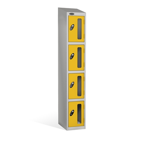 4 Door - Vision Panel door steel locker - SLOPING TOP - Silver Grey Body / Yellow Doors - H1930 x W305 x D305 mm - CAM Lock