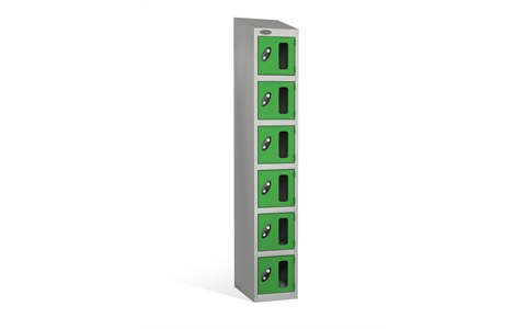 6 Door - Vision Panel door steel locker - SLOPING TOP - Silver Grey Body / Green Doors - H1930 x W305 x D305 mm - CAM Lock