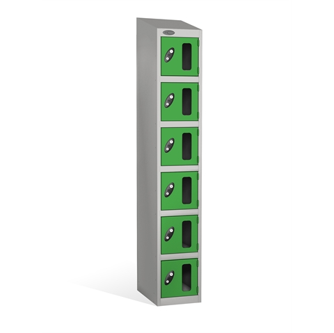 6 Door - Vision Panel door steel locker - SLOPING TOP - Silver Grey Body / Green Doors - H1930 x W305 x D305 mm - CAM Lock
