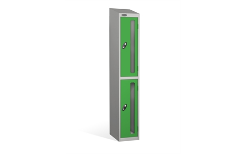 2 Door - Vision Panel door steel locker - SLOPING TOP - Silver Grey Body / Green Doors - H1930 x W305 x D460 mm - CAM Lock