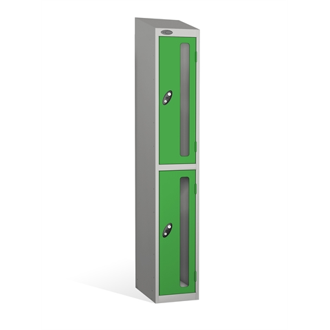 2 Door - Vision Panel door steel locker - SLOPING TOP - Silver Grey Body / Green Doors - H1930 x W305 x D460 mm - CAM Lock