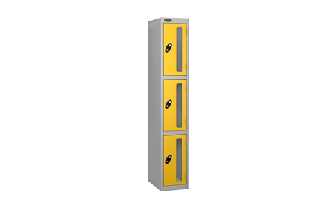 3 Door - Vision Panel door steel locker - FLAT TOP - Silver Grey Body / Yellow Doors - H1780 x W305 x D460 mm - CAM Lock