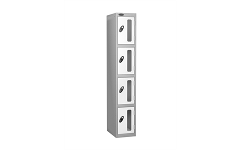 4 Door - Vision Panel door steel locker - FLAT TOP - Silver Grey Body / White Doors -H1780 x W305 x D460 mm - CAM Lock