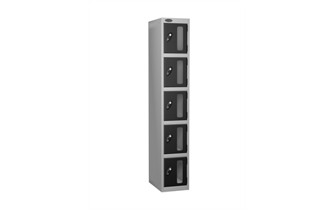 5 Door - Vision Panel door steel locker - FLAT TOP - Silver Grey Body / Black Doors - H1780 x W305 x D460 mm - CAM Lock
