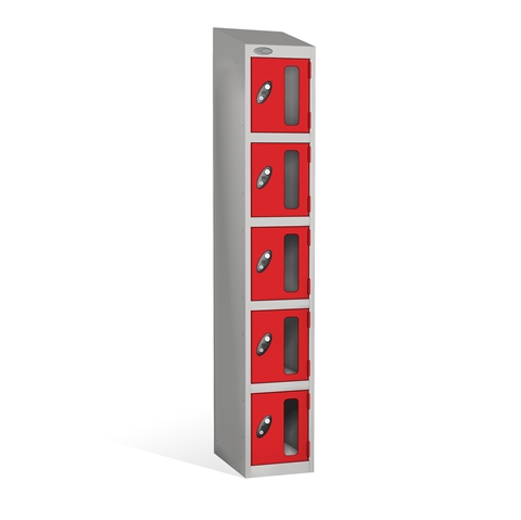 5 Door - Vision Panel door steel locker - SLOPING TOP - Silver Grey Body / Red Doors - H1930 x W305 x D460 mm - CAM Lock