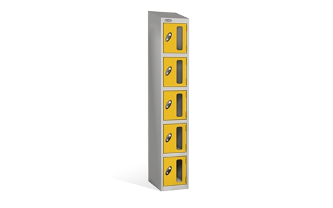 5 Door - Vision Panel door steel locker - SLOPING TOP - Silver Grey Body / Yellow Doors - H1930 x W305 x D460 mm - CAM Lock