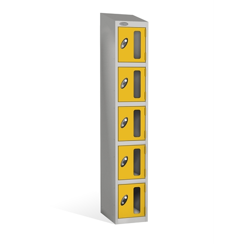 5 Door - Vision Panel door steel locker - SLOPING TOP - Silver Grey Body / Yellow Doors - H1930 x W305 x D460 mm - CAM Lock