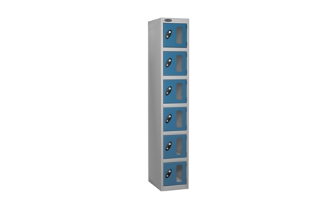 6 Door - Vision Panel door steel locker - FLAT TOP - Silver Grey Body / Blue Doors - H1780 x W305 x D460 mm - CAM Lock