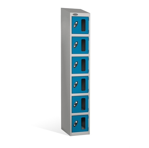 6 Door - Vision Panel door steel locker - SLOPING TOP - Silver Grey Body / Blue Doors - H1930 x W305 x D460 mm - CAM Lock